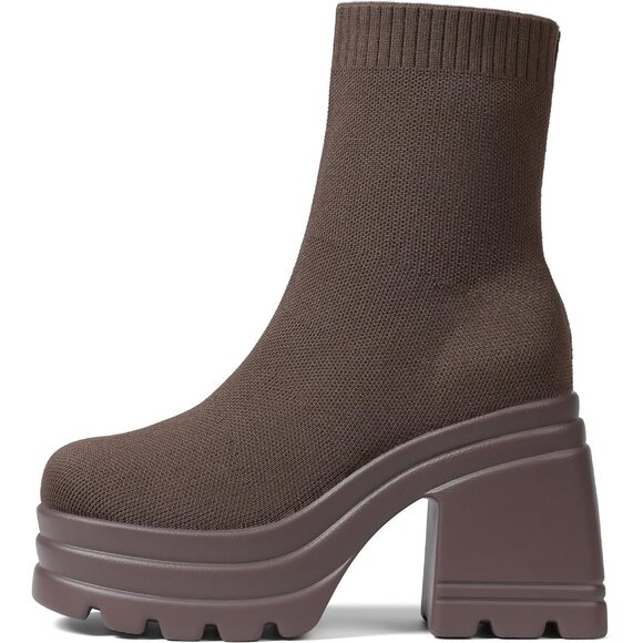 ⚡Women Brown Knit Square Toe Stretch Soft Block High Heel Punk Dress Sock Boots - Picture 1 of 6